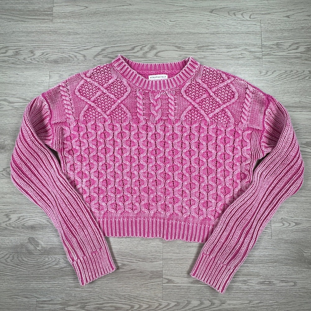 Aeropostale Women's Sweater Cropped Cable Knit Pink Medium Acid Wash Pullover